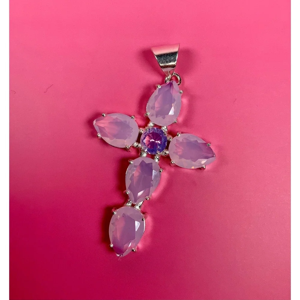 🌸💗 925‎ Sterling Pink Opal Cross Statement Pendant 💗🌸